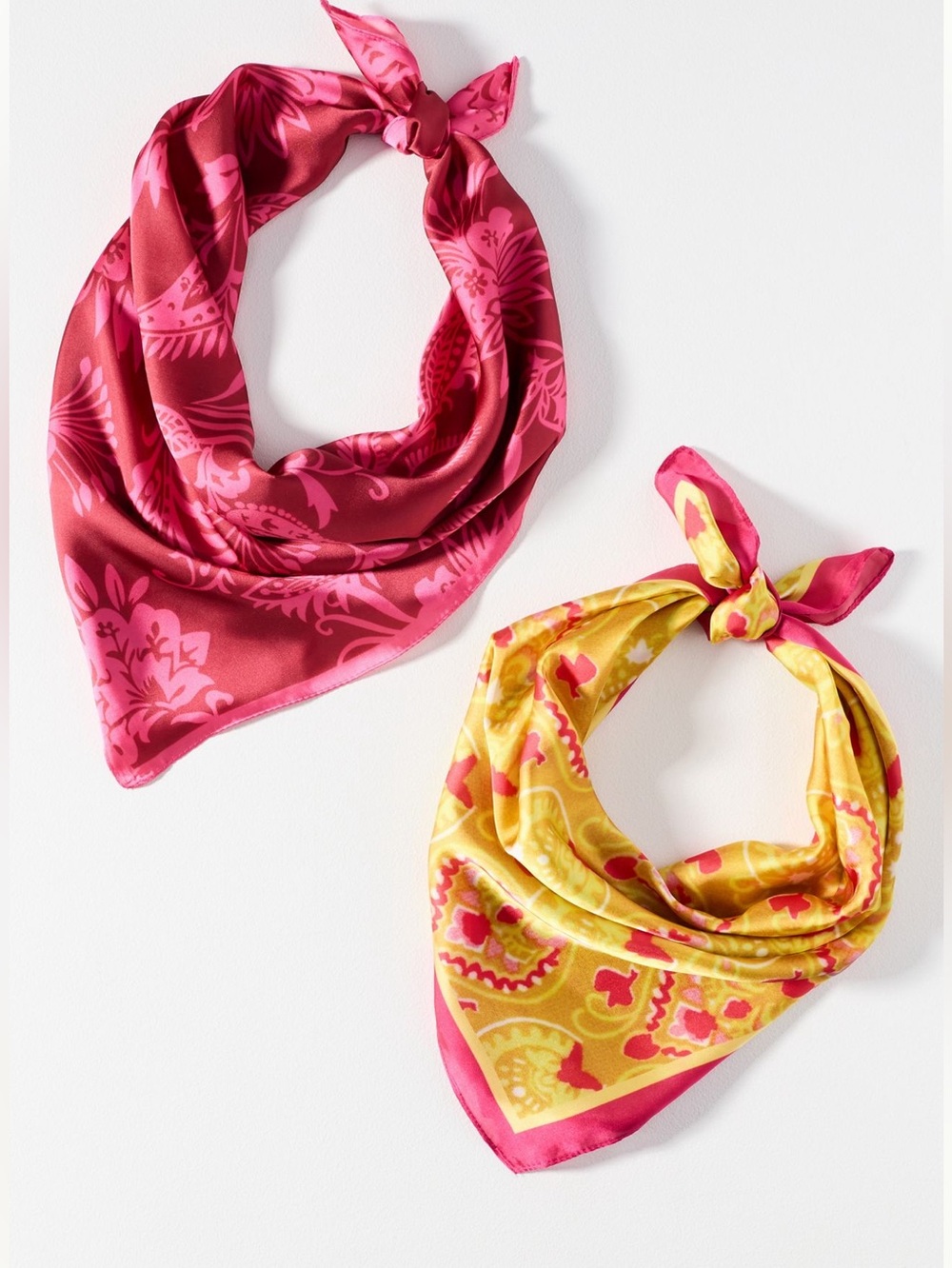 Anthropologie Silky Scarves Bag Head Hair Scarf New Set of 2 Yellow Pink Floral
